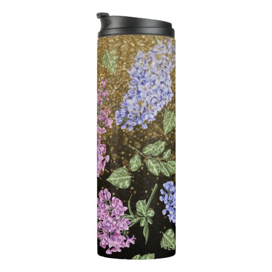 *~* Blau rosa HYDRANGEA Gold Glitzer Floral Thermosbecher (Nach rechts gedreht)