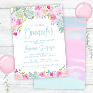 Blau Rosa Pfirsich Floral Onederful Geburtstag Einladung