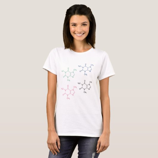 Blau-rosa-schwarzes Coffein-Molecule-Muster T-Shirt (Vorne ganz)