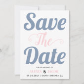 Blau, rosa Typografie und Foto auf der Rückseite Save The Date (Vorderseite)