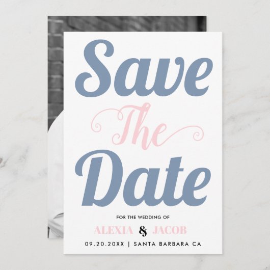 Blau, rosa Typografie und Foto auf der Rückseite Save The Date (Vorne/Hinten)