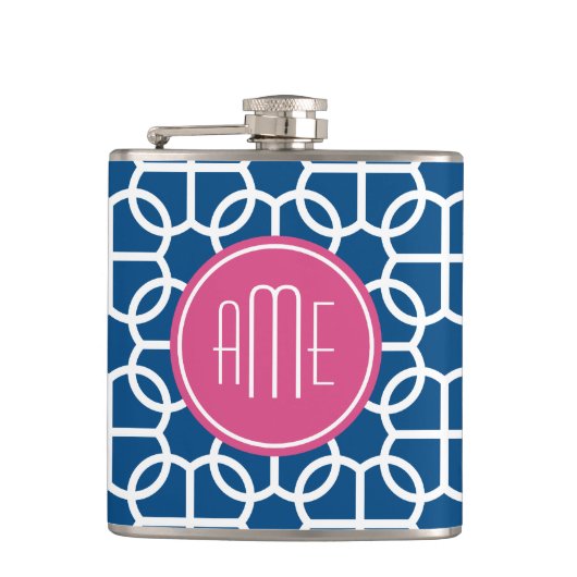 Blau-rosa und blau geometrische Muster Monogramme Flachmann (Vorderseite)