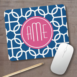 Blau-rosa und blau geometrische Muster Monogramme Mousepad