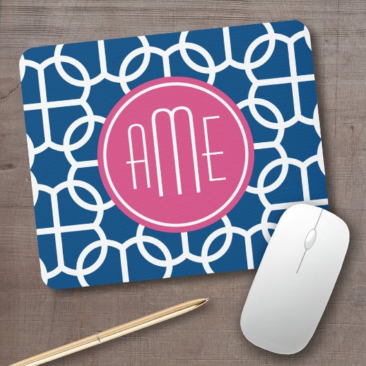 Blau-rosa und blau geometrische Muster Monogramme Mousepad