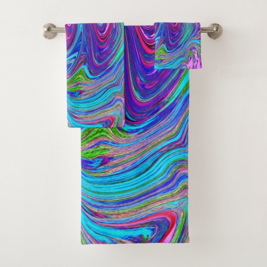 Blau, Rosa und Lila Groovy Abstrakt Retro Art Badhandtuch Set (Insitu)