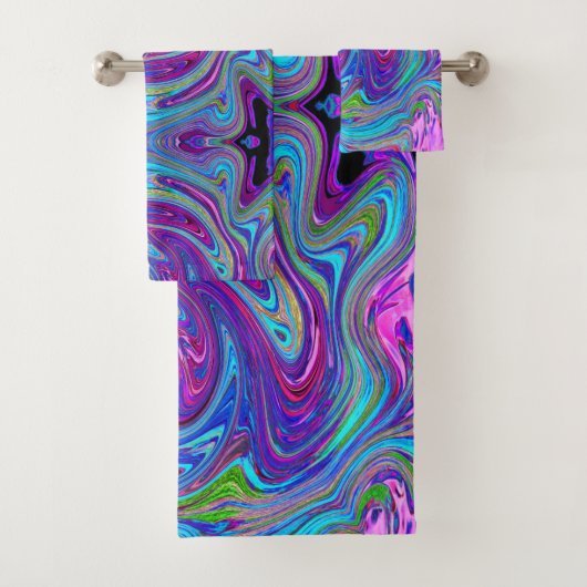Blau, Rosa und Lila Groovy Abstrakt Retro Art Badhandtuch Set (Insitu)