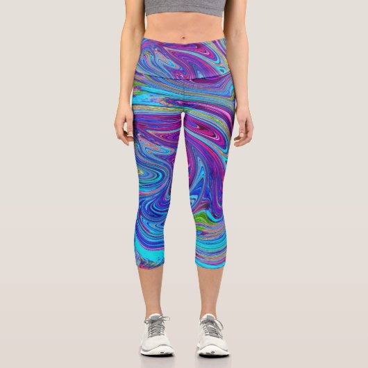 Blau, Rosa und Lila Groovy Abstrakt Retro Art Capri Leggings (Vorderseite)