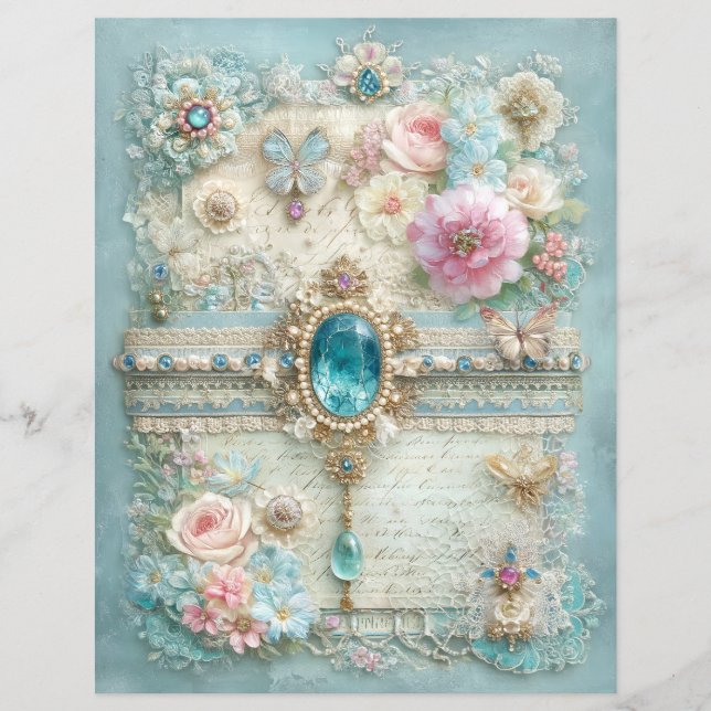 Blau Rosa Vintage-Junk-Journal-Schrappbuch-Papier (Vorderseite)