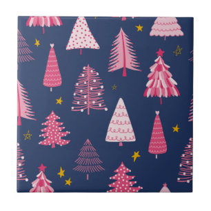 Blau & Rosa Weihnachtsbaum-Muster Fliese