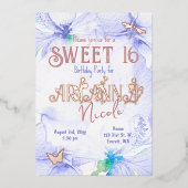 Blau, Rose Gold Sweet 16 Wild Blume Letters Folieneinladung (Vorderseite)