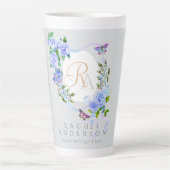 Blau Rose Ribbon Chic Monogram Gray Latte Tasse (Vorderseite)
