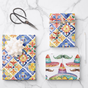 Blau Rot Gelb Floral Abstrakt Cinco de Mayo Geschenkpapier Set