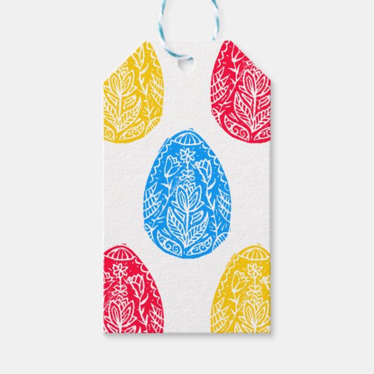 Blau/rot/gelb Rustikale Osterneier Linocut Geschenkanhänger (Vorderseite)
