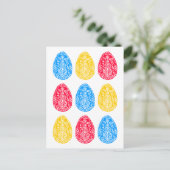 Blau/rot/gelb Rustikale Osterneier Linocut Postkarte (Stehend Vorderseite)