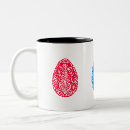 Blau/rot/gelb Rustikale Osterneier Linocut Zweifarbige Tasse