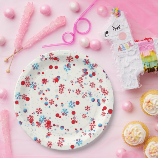Blau-Rot-Schneeflocken-Design Pappteller (Party)