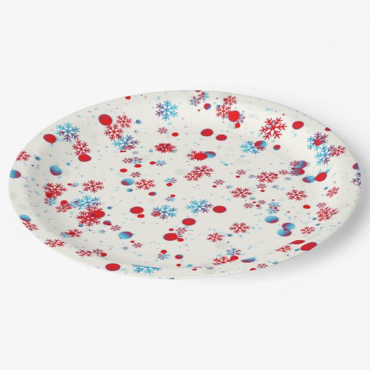 Blau-Rot-Schneeflocken-Design Pappteller (Schrägansicht)
