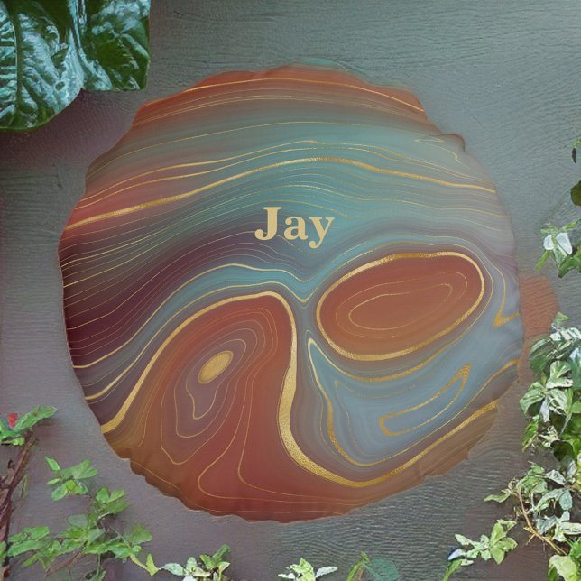 Blau Rot und Tan Agate Look mit Gold Rundes Kissen (Von Creator hochgeladen)