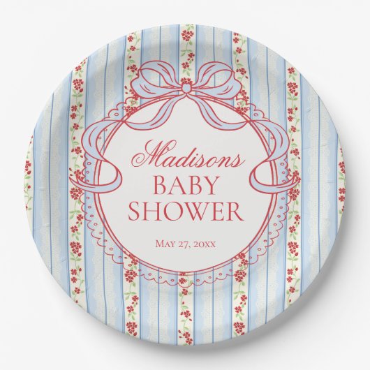 Blau & Rot Vintage Fancy Florales Babyshower Pappteller (Vorderseite)