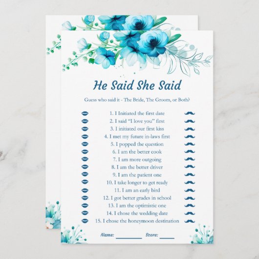 Blau sagte er sagte, sie sagte Brautparty Game Car Einladung (Vorne/Hinten)