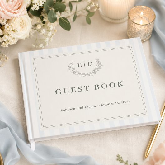 Blau & Salbei gestreifte Monogramm-Hochzeit Gästebuch