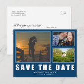 Blau Save the Date 3 Foto Moderne Postkarte (Vorne/Hinten)