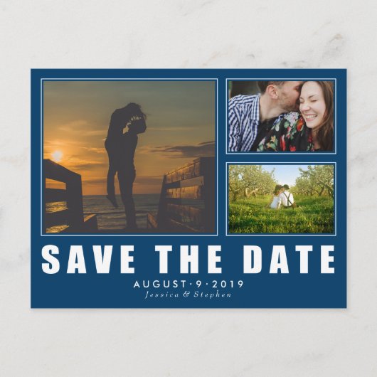 Blau Save the Date 3 Foto Moderne Postkarte (Vorderseite)