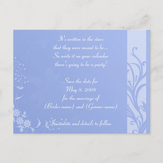 Blau Save the Date Ankündigungspostkarte (Vorderseite)