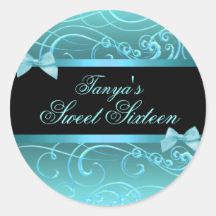 Blau/Schwarz Bow & Swirl Sweet 16 Umschlag Aufkleb Runder Aufkleber