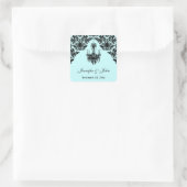 Blau-schwarz Damask Kronleuchter Hochzeitsticker Quadratischer Aufkleber (Tasche)