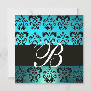 BLAU SCHWARZ  DAMAST MONOGRAMM , weiß türkis Einladung