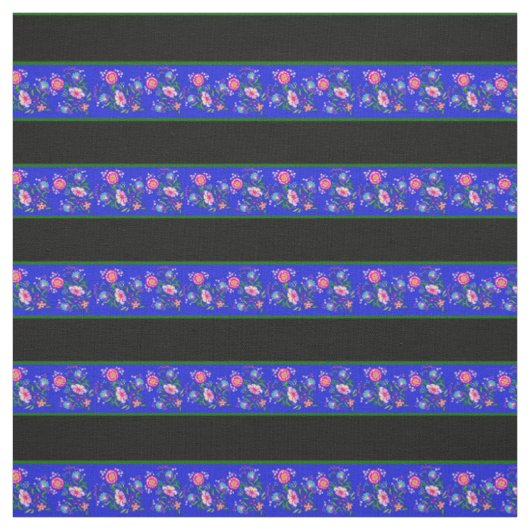 Blau/Schwarz, grünes Button Streifen, Folkloreblüt Stoff (Muster)