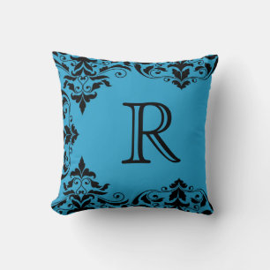 Blau-Schwarz-Monogramm-Damaskissen Kissen
