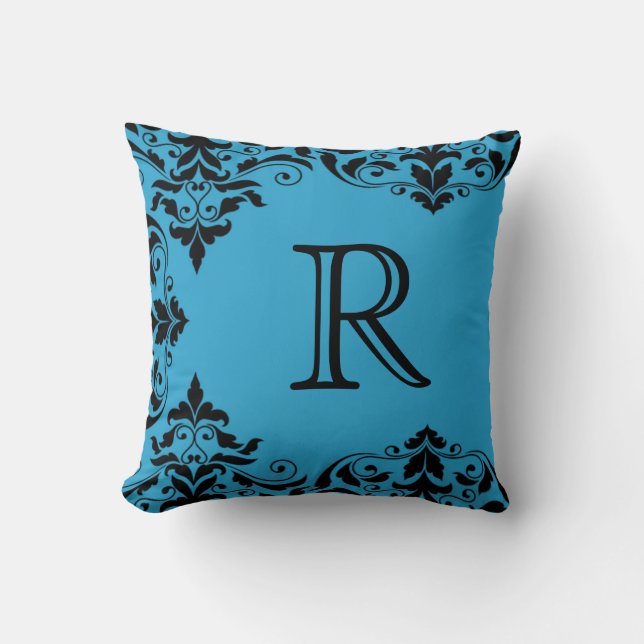 Blau-Schwarz-Monogramm-Damaskissen Kissen (Vorderseite)