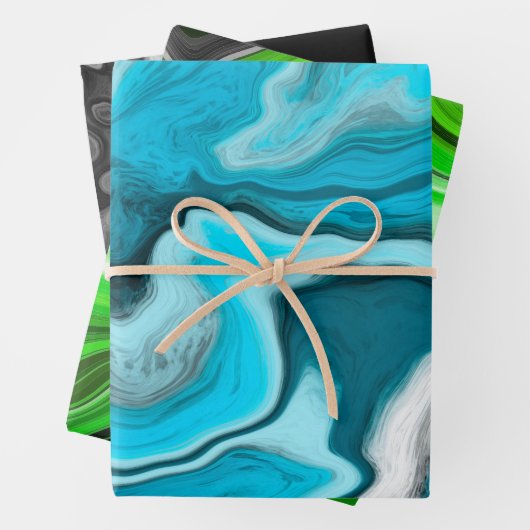 Blau, Schwarz und Grüne Marmorflüssigkeit Kunst Geschenkpapier Set (Beispiel)