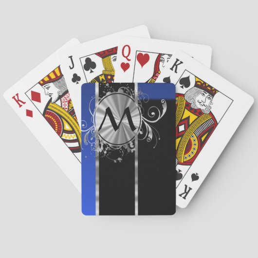 Blau, schwarz und silber, Monogramm Spielkarten (Rückseite)