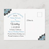 Blau, Schwarz und Weiß Hochzeit Sichern Sie das Da Ankündigungspostkarte (Rückseite)