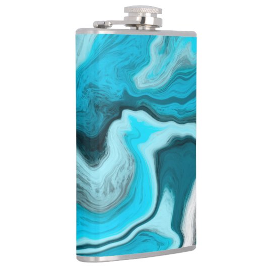 Blau, Schwarz und Weiß-Marmor-Fluid Art Flachmann (Rechts)