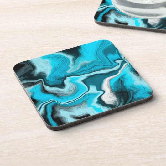 Blau, Schwarz und Weiß-Marmor-Fluid Art Getränkeuntersetzer (Linke Seite)