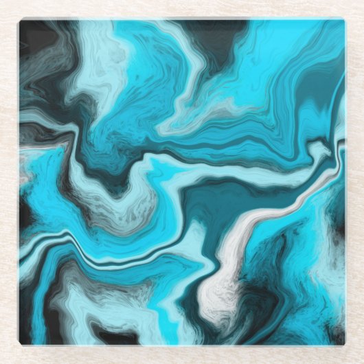Blau, Schwarz und Weiß-Marmor-Fluid Art Glasuntersetzer (Vorderseite)