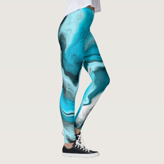 Blau, Schwarz und Weiß-Marmor-Fluid Art Leggings (Rechts)