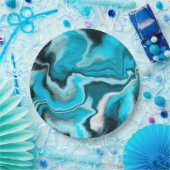 Blau, Schwarz und Weiß-Marmor-Fluid Art Pappteller (Party)