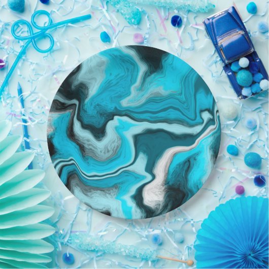 Blau, Schwarz und Weiß-Marmor-Fluid Art Pappteller (Party)
