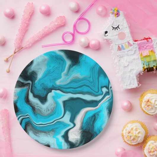 Blau, Schwarz und Weiß-Marmor-Fluid Art Pappteller (Party)