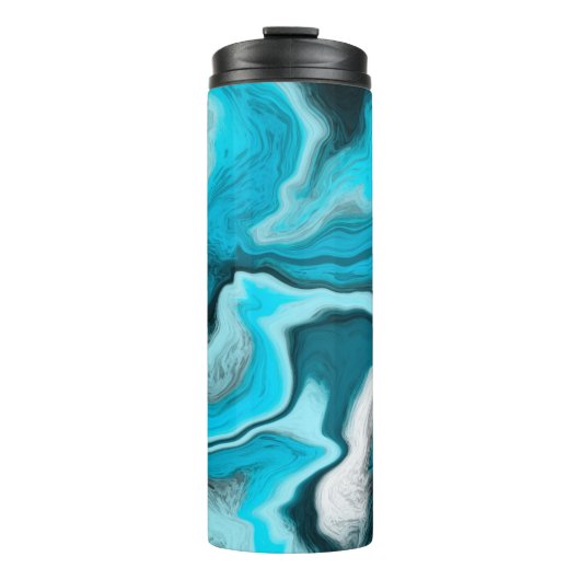 Blau, Schwarz und Weiß-Marmor-Fluid Art Thermosbecher (Vorderseite)