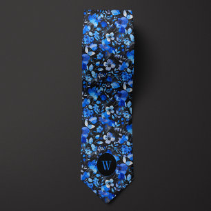 Blau-Schwarz-Wasserfarben-Floral-Monogramm Krawatte
