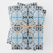 Blau Schwarz-weiß Curly Abstrakt Repeat Pattern Geschenkpapier Set (Beispiel)