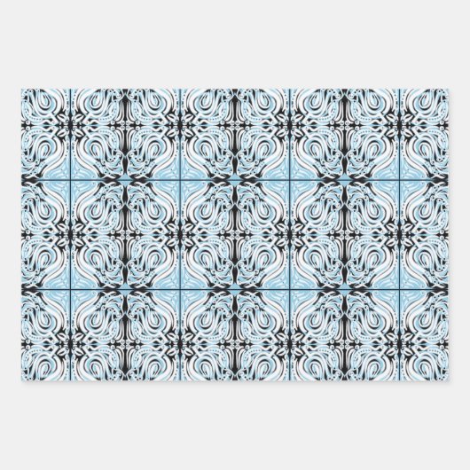 Blau Schwarz-weiß Curly Abstrakt Repeat Pattern Geschenkpapier Set (Vorderseite)