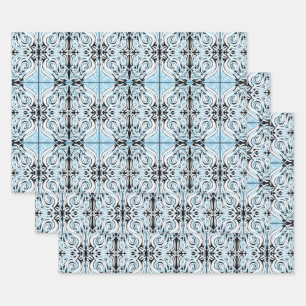 Blau Schwarz-weiß Curly Abstrakt Repeat Pattern Geschenkpapier Set