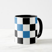 Blau Schwarz Weiß kariertes Musterdesign Tasse (VorderseiteRechts)